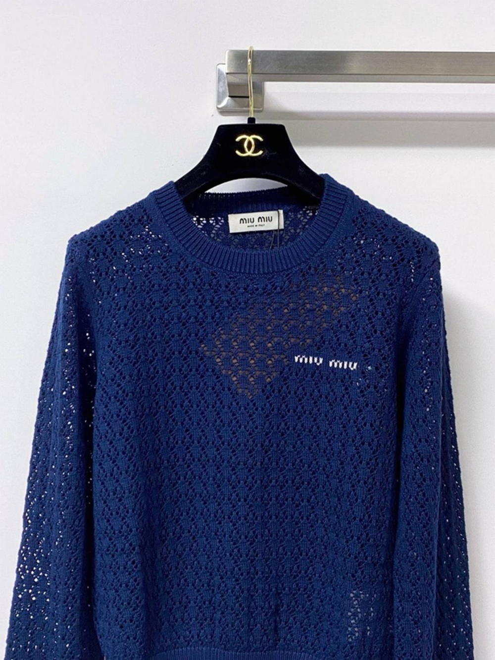 Miu Miu Navy Hollow Lace Knit Cropped Long Sleeve Blouse - Picture 2 of 5